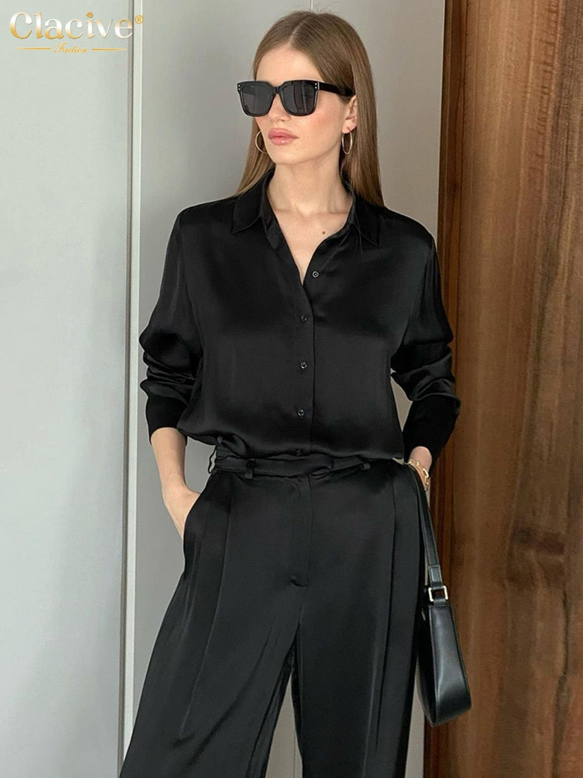Clacive Fashion Black Wide Trouser Suits Casual Blouse Office Two Piece Set Women