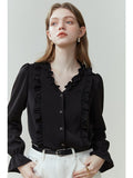 Fall outfits back to sschool  Women French Fungus Lace Shirt Long-sleeved Spring V-neck Court Style Top Temperament Women Solid Single Breasted Blouses