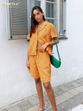 Clacive Fashion Short Sleeve Shirts Two Piece Sets Womens Outifits Summer High Waist Shorts Set Elegant Orange Suits With Shorts