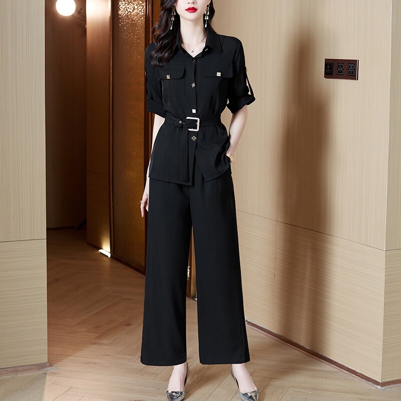 Clacive  Summer Shirt Pants Set Korean Short Sleeve Tops And Pants Office Lady Two Piece Sets Outfits