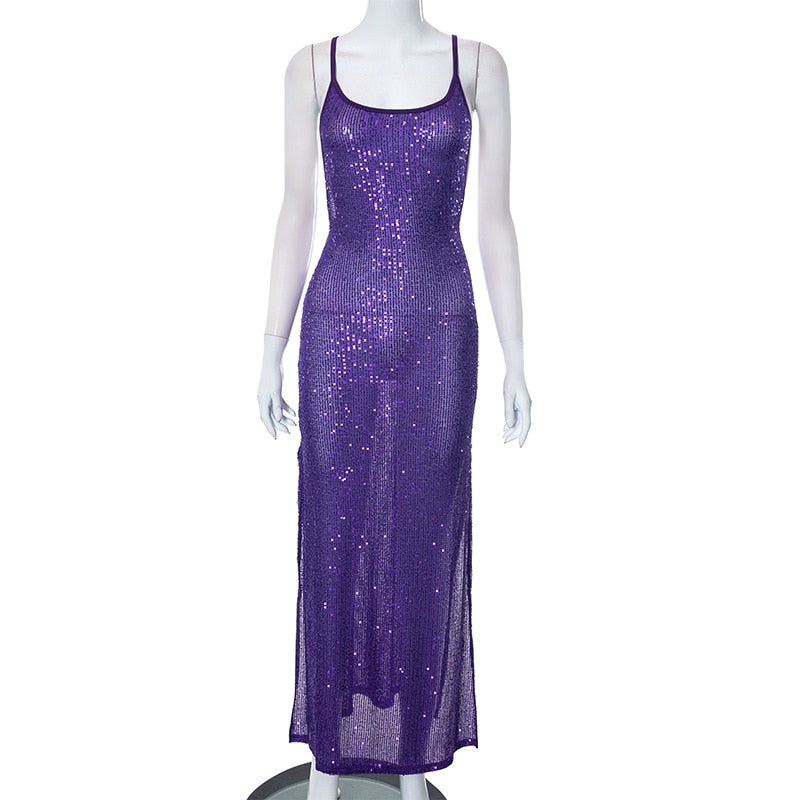 Fall outfits Luxury Sequins Backless Purple Summer Dress Women 2023 Sexy Sleeveless Two Sides Slit See-through Evening Party Formal Dresses