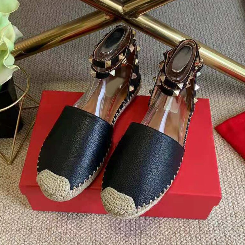 Clacive  Hemp Rope Weave Flat Thick Sole Shoes Women Real Leather Metal Rivet Ankle Strap Single Shoes Ladies Spring Autumn Loafers