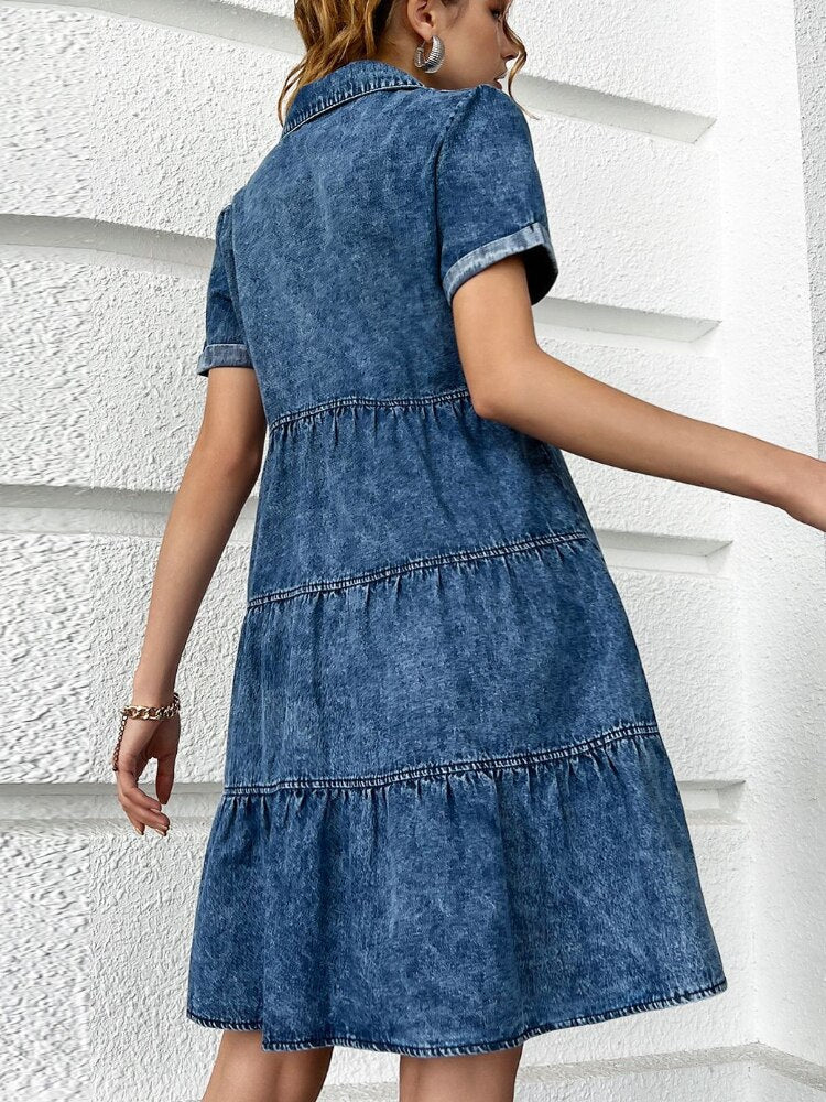 Fall outfits Back to school Blue Dress Women Summer Denim Vintage Solid Female Fashion Casual Clothes Mini Dress Women Clothing Turn-down Collar  A-LINE