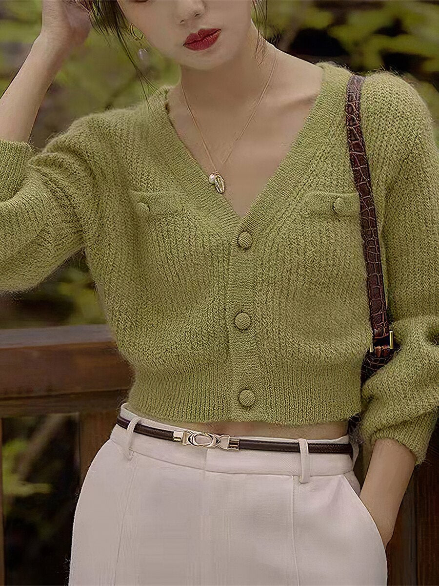 Clacive French Knitted Cardigan  Autumn Winter Woman Short V-Neck Buttons Sweater Tops Eleagnt Female Vintage Sweaters Fashion
