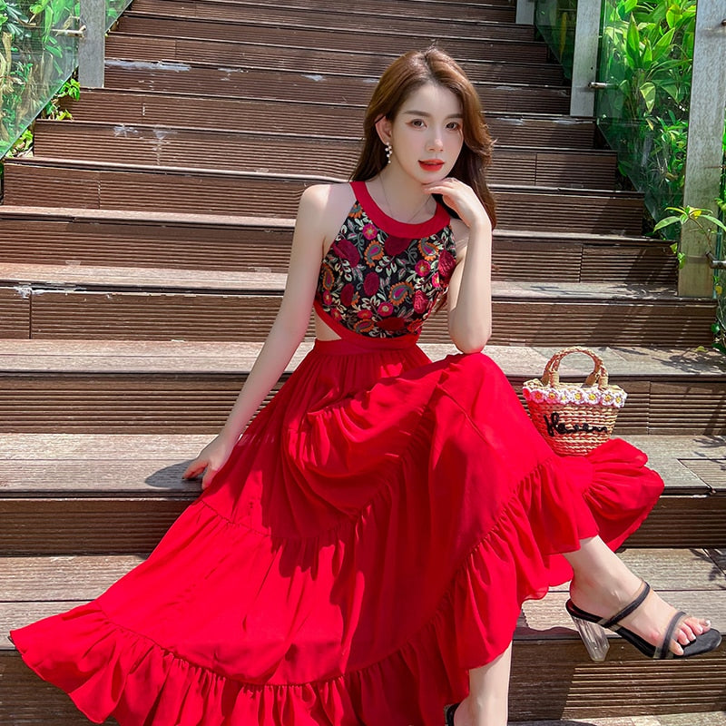 Clacive Evening Party Long Dress Women's New Summer Vintage Spaghetti Strap Dresses Red Holiday Fashion Beach Beautiful Sundress Lady