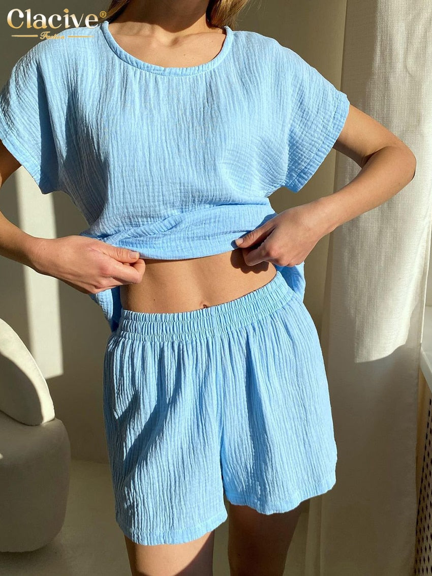 Clacive Casual Short Sleeve Tops Two Piece Set Women Summer High Waisted Shorts Sets Elegant Blue Cotton Home Suits With Shorts
