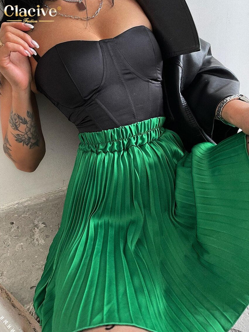 Clacive Fashion Green Pleated Women's Skirt  Summer Sexy Classic Mini Skirts Ladies Elegant Party High Waisted Skirt Female