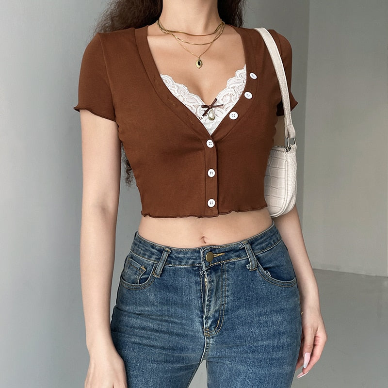 Clacive Y2K Lace Trim Crop Top Brown Cotton Button T Shirt Short Sleeve V Neck Retro Harajuku Basic Casual Cardiagns Women Tee