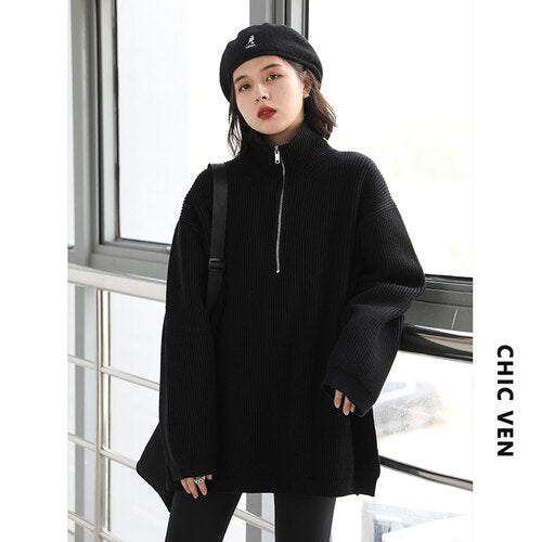 Clacive  Womens Sweaters Casual Solid Color Stand Collar Side Slit Knitted Thickened Sweater For Women Coat Winter Autumn