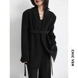 Clacive  Women Blazer Design Wide Shoulder Ribbon Solid Women's Medium Long Coat Office Lady Female Overcoat Spring Autumn