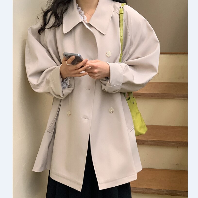 Clacive Vintage Turn-Don Collar Women Trench Coats  Autumn Winter  Full Sleeve Double-Breasted Loose Elegant   Blazers Jackets J511