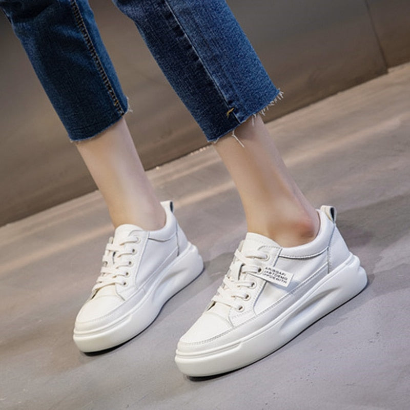 Clacive  Women Sneakers Autumn Casual Breathable High Quality Leather Light White Sneaker Female Platform Vulcanized Sports Shoes