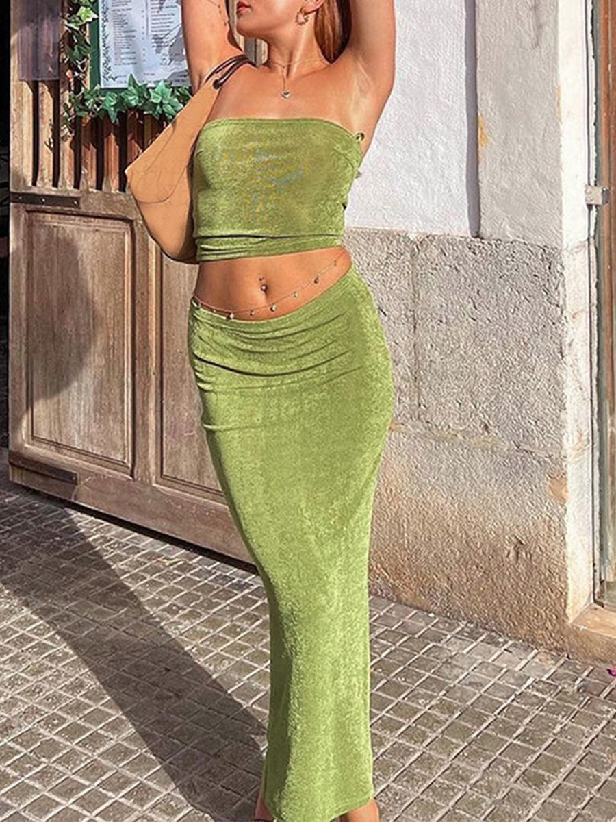 Fall outfits New Women Summer 2 Pieces Outfits Solid Color Strapless Exposed Navel Wrap Chest Tube Tops And Wrapped Hip Long Skirts Set