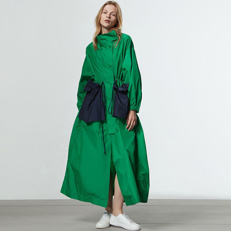 Clacive  Spring Autumn Extra Long Oversized Green Trench Coat For Women With Big Pockets Drawstring Luxury Designer Fashion