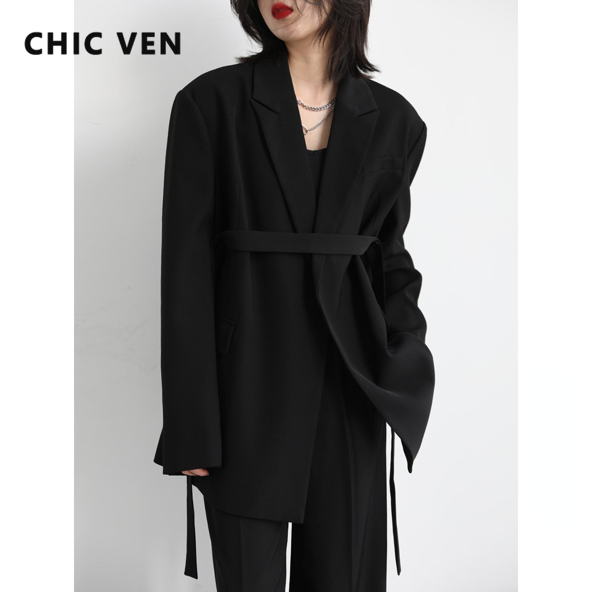 Clacive  Women Blazer Black Ribbon Women's Medium Long Coat Loose Female Pant Suits Office Lady Business Tops Spring Autumn