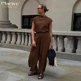Clacive Fashion Tops Set Woman 2 Piece Summer Casual Brown Pleated Pants Set Female Elegant Loose High Wiast Wide Trouser Suits