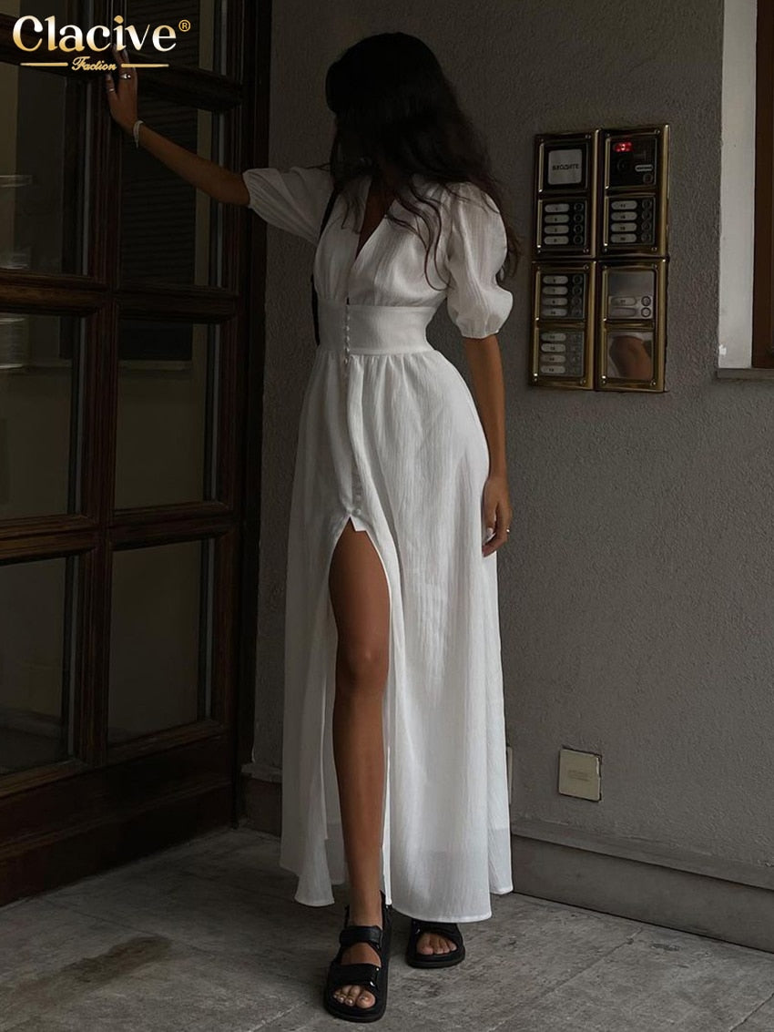 Clacive White Sexy Single-Breasted Women'S Dress  Elegant Short Sleeve V-Neck Party Dresses Lady Casual Slim Midi Dress