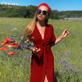 Clacive Sexy V-Neck Dresses Woman Spring Summer  Bodycon Red Short Sleeve Midi Dress Elegant Single-Breasted Female Dress