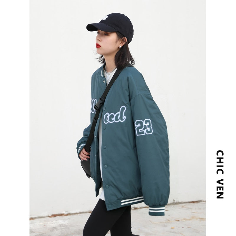 Clacive  Streetwear Women Sport Baseball Jacket Thick Coat Casual Letter Embroidered Women Winter Cotton Clip Sweatshirt Parkas