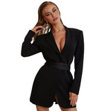 Clacive  New Spring Women Mini Dress Black Fashion Long Sleeve Sexy V Neck Sashes Nightclub Runway Evening Party Elegant Dress