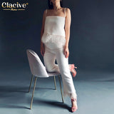 Clacive Sexy Sleeveless Crop Top Set Woman 2 Pieces Summer Bodycon White Feather Pants Set Lady Elegant High Waist Trouser Suits