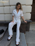 Clacive Summer Short Sleeve Shirt Set Woman 2 Pieces Fashion White Pants Set Female Elegant Slim High Waist Pencil Trouser Suits