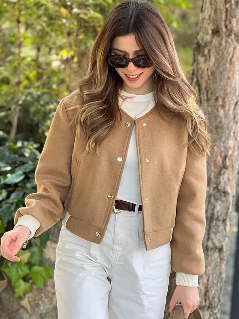 Fall outfits  Women Bomber Jacket With Pockets 2023 Chic Ladies Outerwears O-Neck Vintage Long Sleeve Female Fashion Casual Jackets Coat