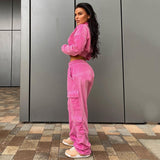 Clacive Y2K Zipper Pockets Drawstring Velvet Two Piece Sets Women Pink Jackets And Trousers Suits Sporty Autumn Clothes New
