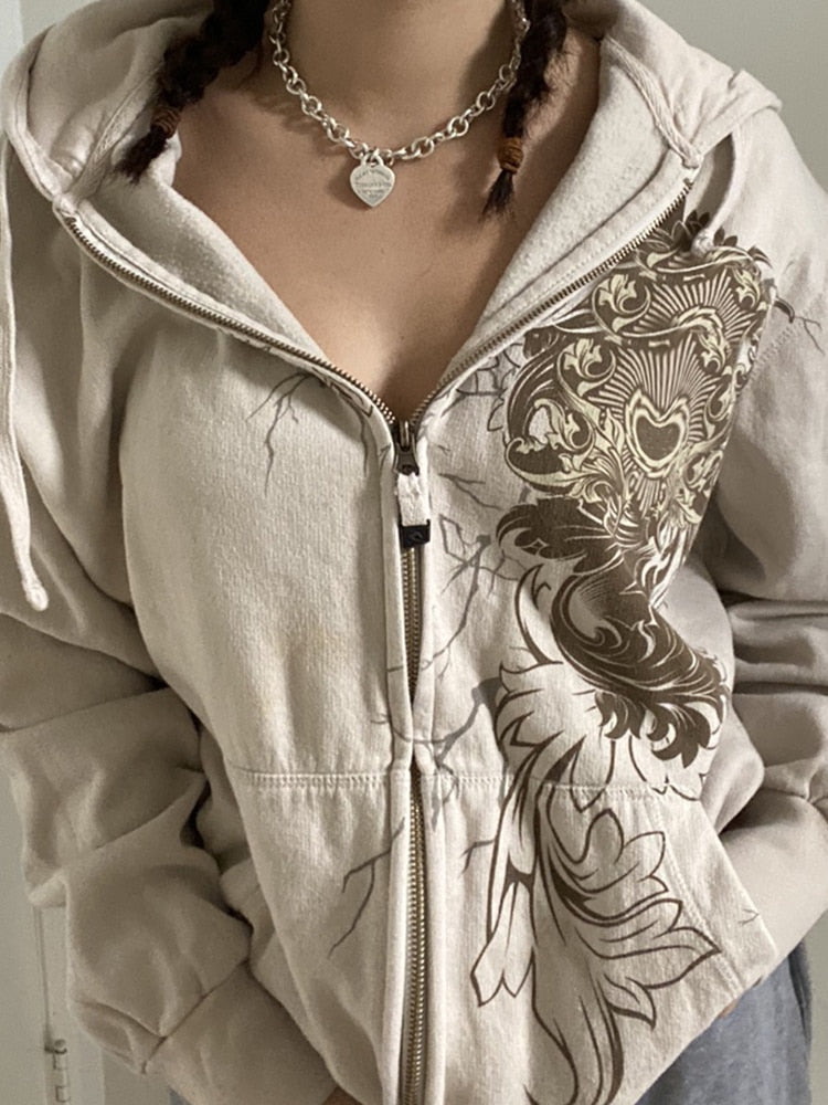 Clacive Y2k Graphic Printed Jackets Zipper Pockets Khaki Hoodies Loose Women Retro Fairycore Cute Autumn Winter Coat Sweats