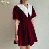 Clacive Casual Red Velvet Women'S Dress Summer Doll Collar Puff Sleeve Office Mini Dresses Elegant High Waist Female Dress