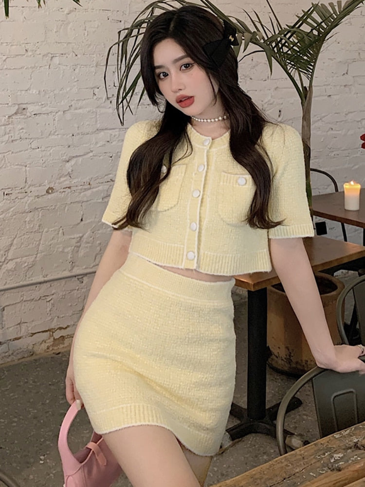 Clacive  Spring Summer Women's Suits With Skirt Knitted Short Sleeve Sweater Skirt 2 Piece Set Chic Elegant Fashion Sexy Outfits