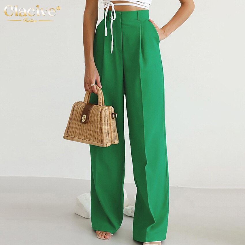  Clacive Pleated Elegant Wide Leg Pants Women High Waist Floor-Length Palazzo Trousers With Pocket Fashion Lady Office Pants