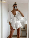 Clacive Sexy V-Neck Lace-Up Summer Woman Jumpsuit Bodycon White Short Sleeve Playsuit Elegant Slim Ruched Casaul Female Jumpsuit