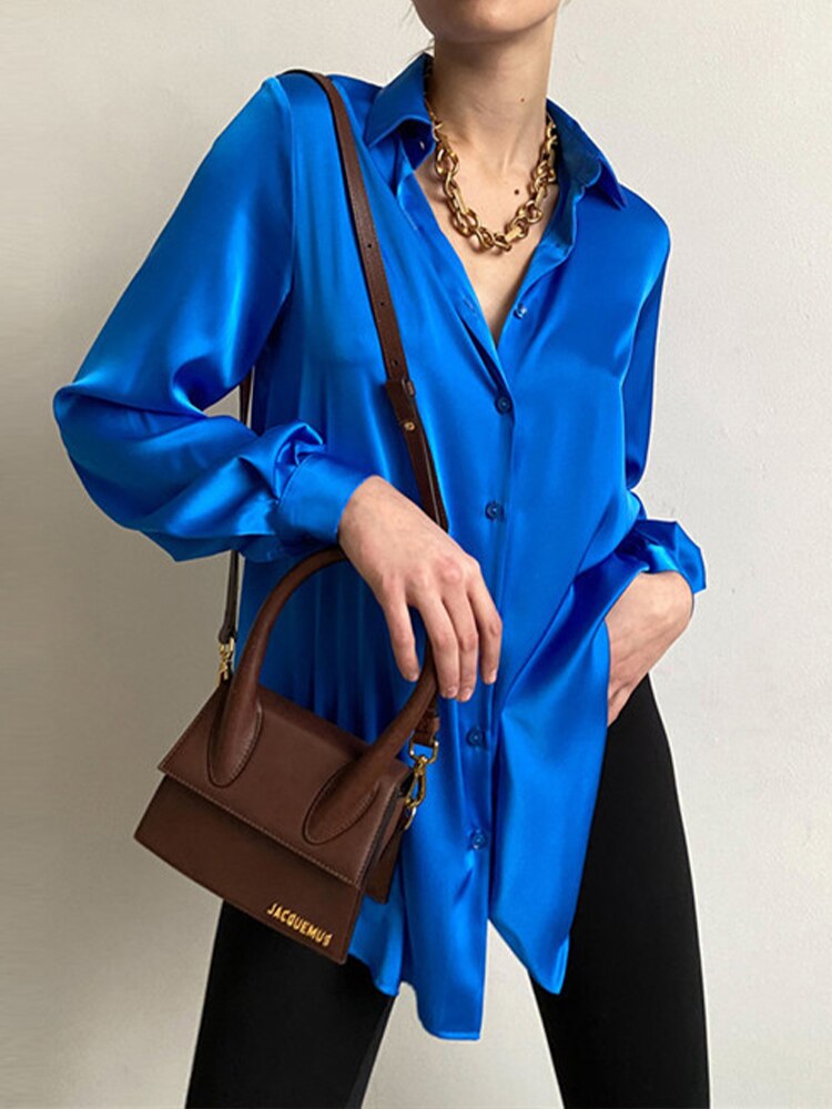 Clacive Back to school Glossy Satin Shirt  Spring Summer Female Chic Vintage Casual Loose Single Breasted Fashion Blouses Office Lady Basic Clothes