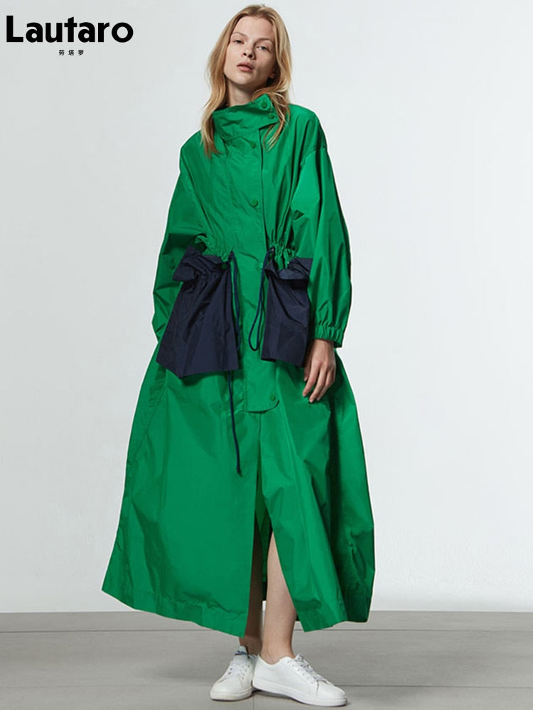 Clacive  Spring Autumn Extra Long Oversized Green Trench Coat For Women With Big Pockets Drawstring Luxury Designer Fashion
