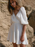 Clacive Sexy V-Neck White Summer Dresses Woman  Elegant High Waist Puff Sleeve Mini Dress Casual Classic Female Dress