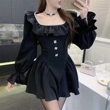 Clacive  Spring New Real Photo Square Neck Nail Drill Lotus Leaf Long Sleeve High Waist Slim A-Line Dresses White And Black Dress