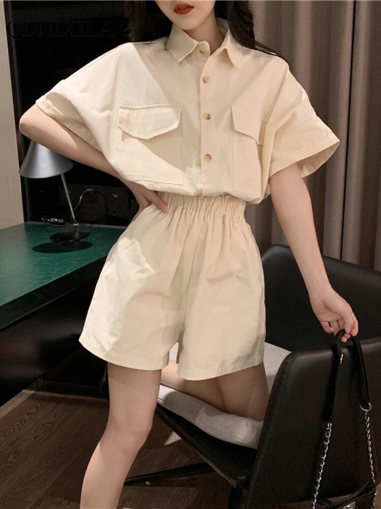 Clacive  Summer Korean Fashion Sweet Women Shorts Set Casual Elegant Slim Short Sleeve Shirt High Waist Wide Leg Shorts 2-Piece Set