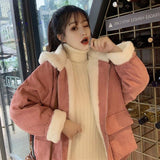 Clacive  Pink Corduroy Hooded Coat Women  Autumn Winter Thicken Warm Plush Jackets Woman Korean Loose Pockets Casual  Parkas