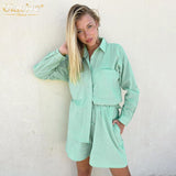 Clacive Fashion Green Women Summer Suit Casual Long Sleeve Shirts Matching Shorts Set Elegant Loose High Wiast Suits With Shorts