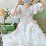 Clacive Dresses For Women Summer Fashion Korean Elegant 100%Ramie White Dress Fresh Sweet Lantern Sleeve Floral Print Long Dresses Women
