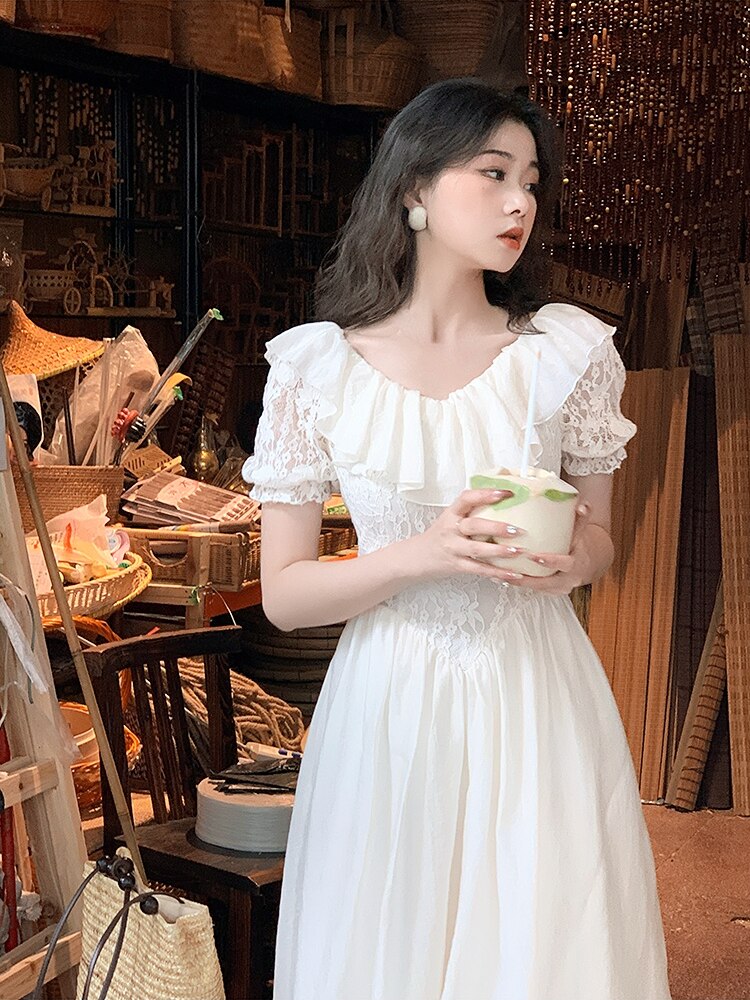 Fall outfits back to school French Elegant Lace Midi Dress Party Casual Short Sleeve Dress Office Lady 2023 Summer Slim Pure Color Korean Fashion Dress