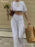 Clacive Fashion O-Neck Crop Top Two Peice Set Women Summer Casual Slim White Pants Set Female Elegant Bodycon Wide Trouser Suits