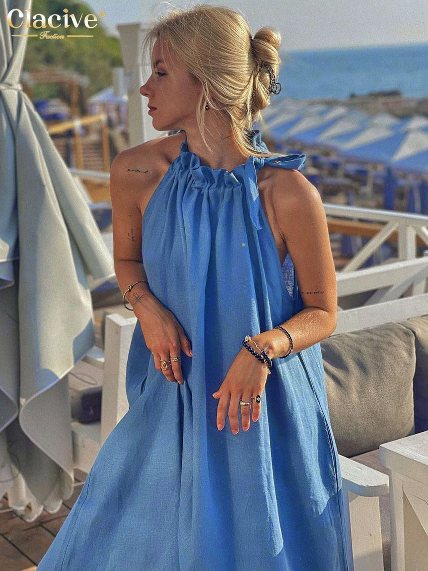 Clacive Summer Blue Linen Dress Ladies Casual Loose Sleevelss Lace-Up Midi Dress Elegant Pockets Beach Dresses For Women