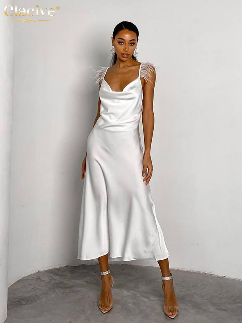 Clacive Women Sexy Strap Satin White Dress Summer Sleeveless Backless Feather Midi Dress Lady Elegant Slim Solid Party Dresses