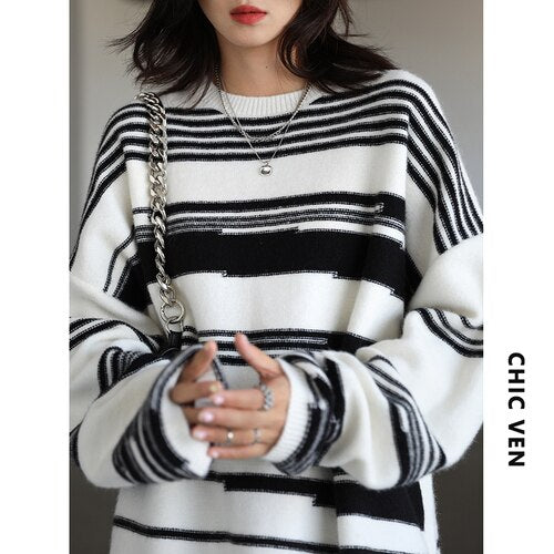 Clacive  Women Sweaters Pullover Streetwear Casual Loose Stripe Women's Jumpers Thick Warm Female Tops Autumn Winter