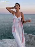 Clacive Sexy Strap V-Neck Women'S Dress  Summer Print Sleeveless Backless Midi Dress Elegant Loose Female Party Dresses
