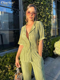Clacive Summer Short Sleeve Shirts Set Woman 2 Pieces Sexy Green Pleated Trouser Suits Female Casual High Waist Wide Pants Set