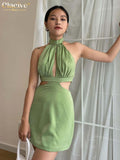 Clacive Sexy Halter Green Satin Dress Ladies Summer Bodycon Hollow Out Mini Dress Elegant Slim Backless Party Dresses For Women