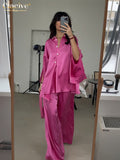 Clacive Fashion Slit Long Sleeve Shirts Two Piece Set Women Casual Loose Pink Satin Trouser Suits Elegant High Waist Pants Set